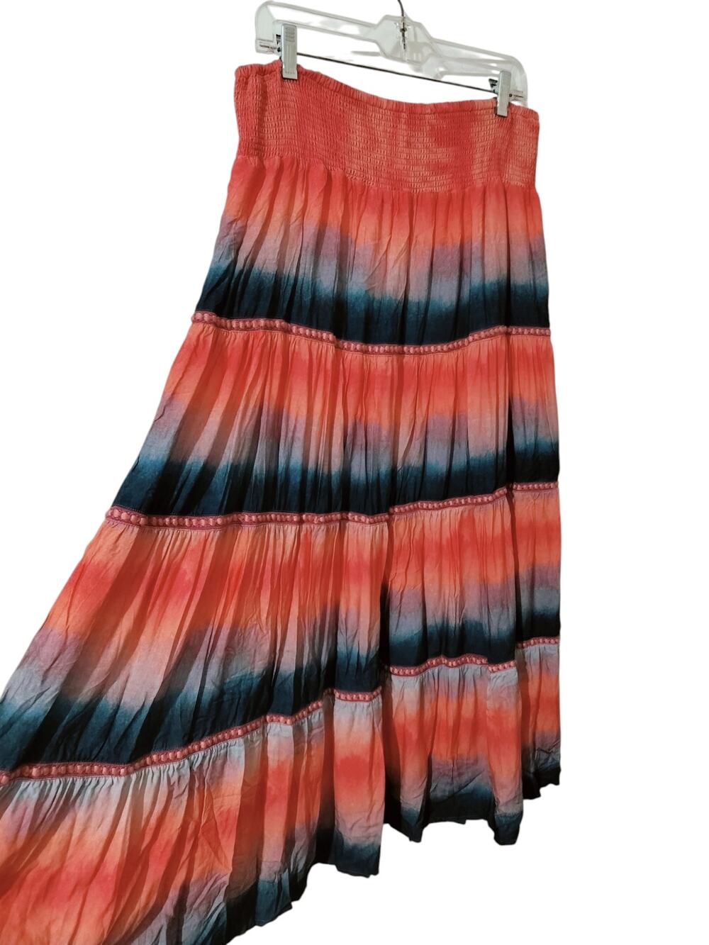 5813)John Mark XL Boho Peasant Coral Teal Shirred Waist Weave Pullon Maxi Skirt